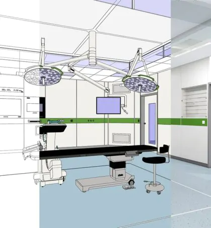 كابسولة غرفة عمليات متكاملة مساحة 50 متر مربع شامل كشاف عمليات ثنائي و الوحدات المعلقة للتخدير و الأجهزة الجراحية