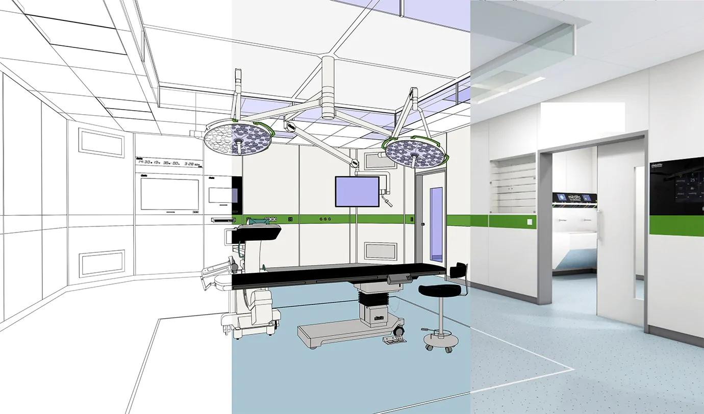 كابسولة غرفة عمليات متكاملة مساحة 50 متر مربع شامل كشاف عمليات ثنائي و الوحدات المعلقة للتخدير و الأجهزة الجراحية